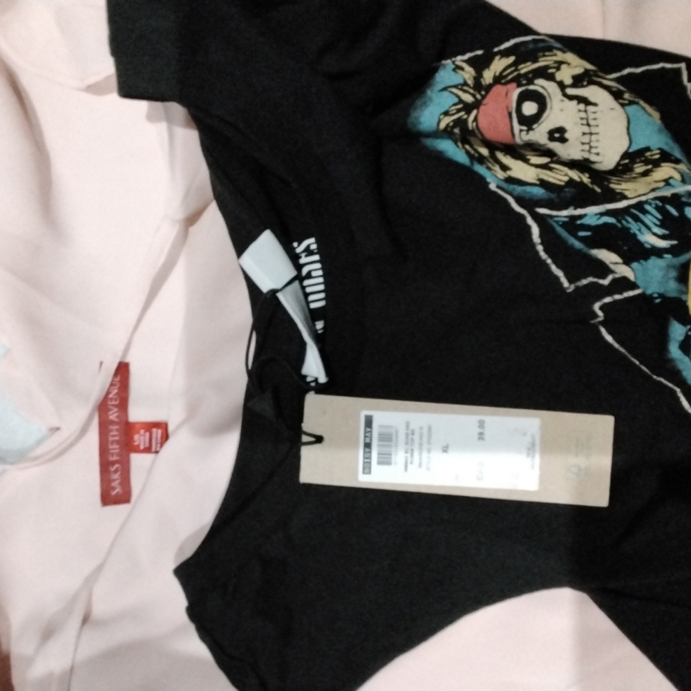 L Saks Pink top and Guns Rose's XL top